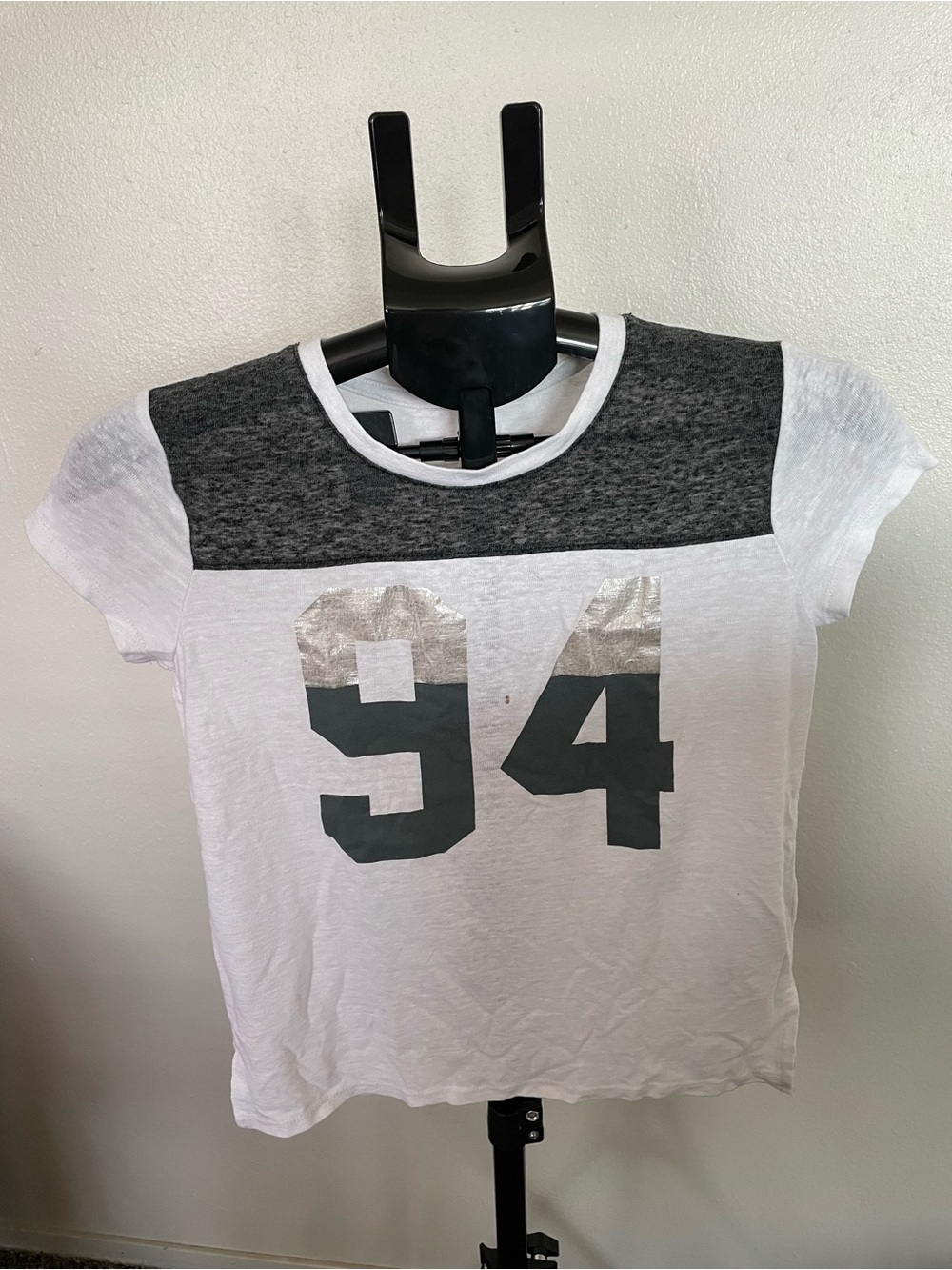 White and Charcoal Short Sleeve Tee with Silver and Black '94'